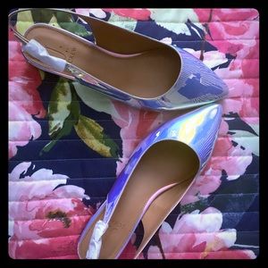 New J Crew shiny silver “holographic” slingbacks.